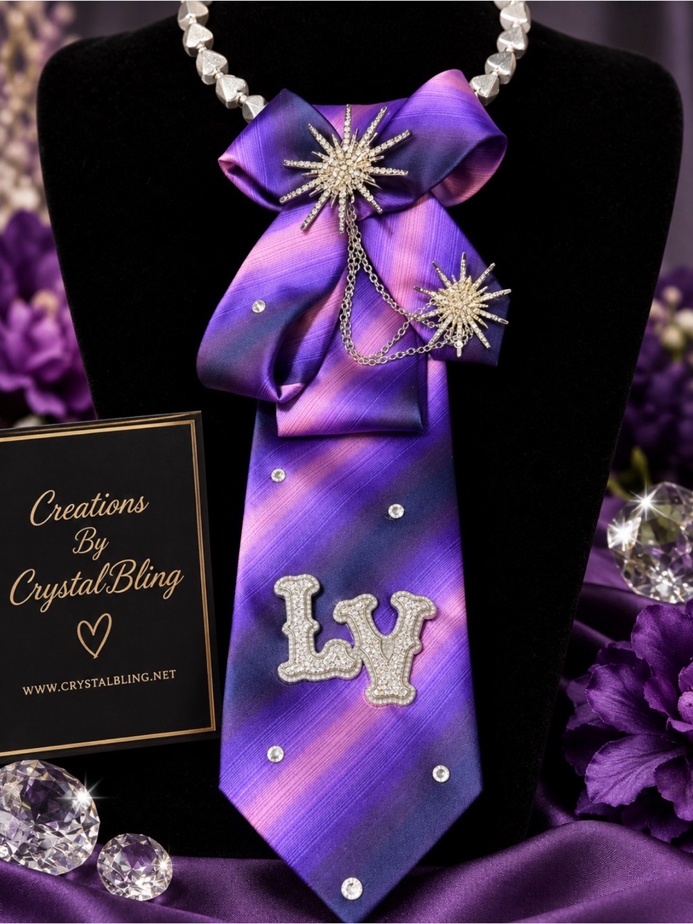 Purple Gradient Silk Tie with Crystal Accents